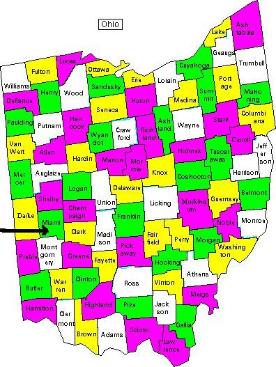 Map of the state of Ohio with counties